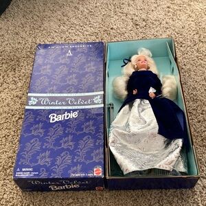 New Barbie Winter Velvet Doll in Elegant Blue and Silver Ensemble